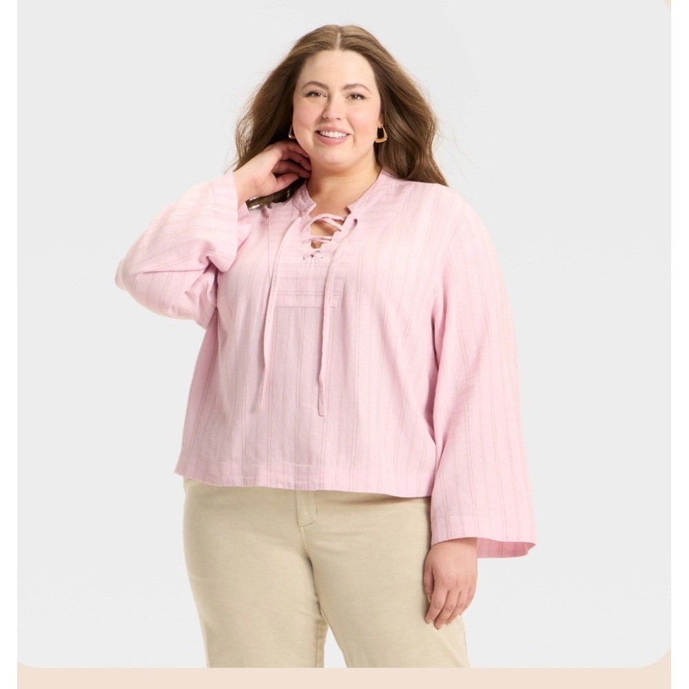Universal Thread Pink Striped Linen Blend Lace Up‎ V-Neck Top NWT Womens L